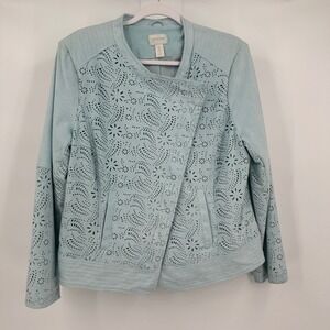 Chicos Womens Faux Suede Moto Jacket Sz 2 US M Laser Cut Pastel Feminine Brunch
